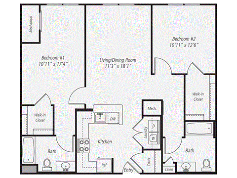 A floor plan of a home with two bedrooms, a living/dining room, a kitchen, a bath, a laundry area, and a walk-in closet.